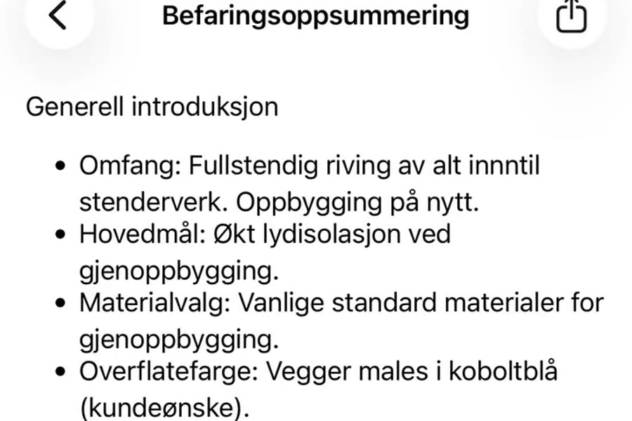 Befaringsoppsummering i appen, skrevet automatisk fra taleopptak